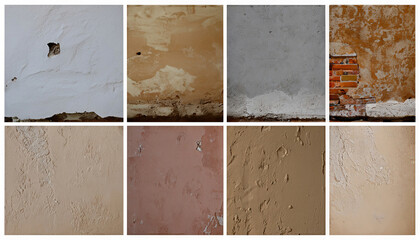 Variety of wall textures collection, including brick, concrete, and plaster, textures feature cracks or holes