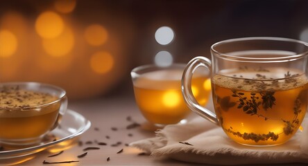 Jeera tea filled in the glass on table, blank text space with bokeh lights background,