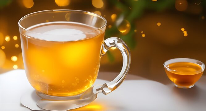 Ginger tea filled in the glass on table, blank text space with bokeh lights background,