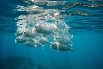 Fototapeta premium A plastic bag figure of a school of fish in crystal-clear waters, highlighting the consequences of plastic waste on aquatic life.