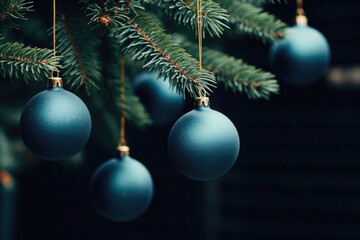 Obraz premium Blue Christmas balls hanging on a branch of a Christmas tree. Christmas background.