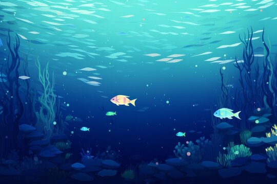 A pixelated rendition of a school of pixelated fish swimming together in pixelated underwater landscapes.
