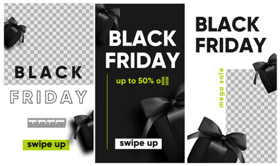 Black friday sale for social media, instagram stories and post, mobile app, banners, cards. Set of 3 stories template with gift box.