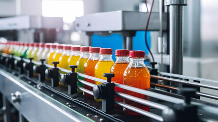 line of fresh orange drink in cans at the factory - obrazy, fototapety, plakaty