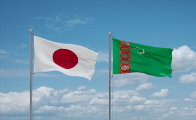 Turkmenistan and Japan flags, country relationship concept