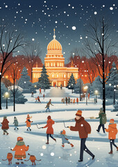 Multicultural People Ice Skating Under Twinkling Lights