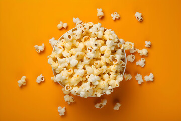 Top view photo of popcorn on yellow background minimalism. High-resolution