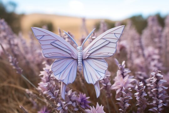 A pastel-lilac paper butterfly with intricate wing patterns, hovering gracefully on a pastel-lavender meadow.