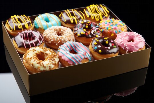 Box of glossy colorful donuts