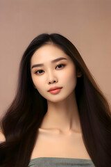 Naklejka premium Young Asian beauty woman model with long hair with Korean makeup on beige background. High quality