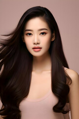 Naklejka premium Young Asian beauty woman model with long hair with Korean makeup on a beige background. High quality