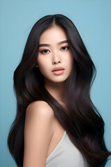 Fototapeta premium Young Asian beauty woman model with long hair with Korean makeup on a blue background. High quality