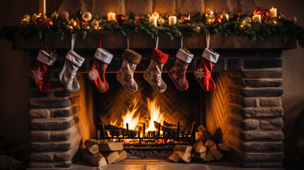 Christmas and New Year holidays background with fireplace and christmas stocking.