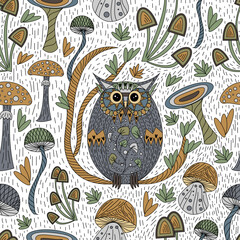 Obraz premium Seamless pattern of cute owl or cat with mushrooms on a white background. Use for interior surfaces, fabrics, furniture, stationery, clothing.