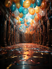 Riesiger Ballsaal grandios für Fasching und Karneval mit Luftschlangen und Luftballons geschmückt, ai generativ - obrazy, fototapety, plakaty