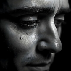 Depressed crying man side close up view minimalism black and white. High quality