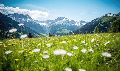 A lush meadow of blooming daisies contrasts snowy mountain peaks.
