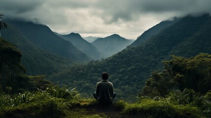 Back view of a sitting man observing the hills covered with rainforest, low clouds
