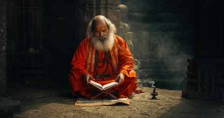 Portrait of Old Indian Monk Reading a Book in an Ancient Temple. Senior Guru Getting Wisdom from...