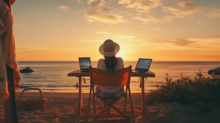 Freelance female hands working with laptop on wooden table on beach at sunset. Woman sitting on chair and using computer near blue sea shore at sunny day. - Powered by Adobe