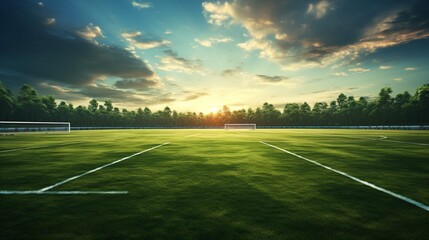 Soccer field with grass and sunset. - obrazy, fototapety, plakaty