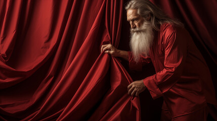 Mystical portrait of an adult man Santa Claus with a white beard and mustache among red silk fabric sewing his suit. Merry Christmas and Happy New Year. Wallpaper, illustration, background.