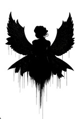 Black silhouette of a woman as angel on white background.
