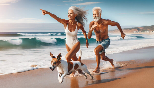 Running with Joy: A Retired Couple's Beach Adventure with Their Dog
