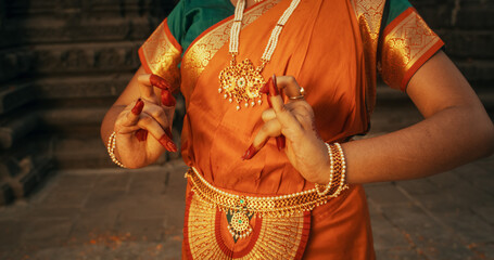 Close Up Shot on the Hands of an Indian Female Dancer Doing Symbolic Gesture, Conveying Different Messages in Folkloric Dance. Girl in Traditional Sari Showcasing Mudras Movement