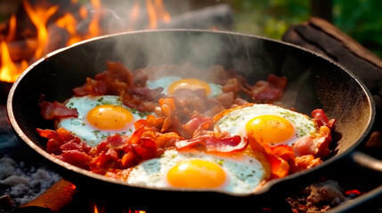 Eggs prepared with vegetables on a frying pan on the fire in the forest. Cooking scrambled eggs over an open fire. Breakfast in nature. Tourist food. AI Generated