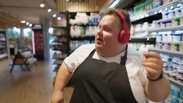 Happy male supermarket worker with overweight white T-shirt and black front in red headphones is happy dancing and walking along the milk aisles in the supermarket