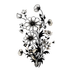 Black silhouette of field flowers on white background.
