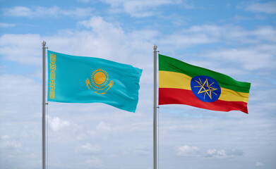 Ethiopia and Kazakhstan flags, country relationship concept