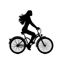 Black silhouette of woman on a bike on white background.