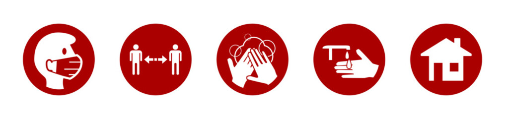 Round Coronavirus Covid-19 Warning Sign Icon Set including Wear a Face Mask, Keep Your Distance, Wash Your Hands, Sanitize Your Hands and Stay at Home. Vector Image.