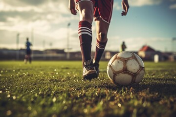 Footballer- soccer players legs with a ball closeup, on a muddy field. Generative Ai 