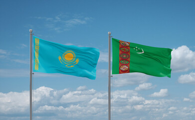Turkmenistan and Kazakhstan flags, country relationship concept