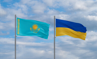 Ukraine and Kazakhstan flags, country relationship concept