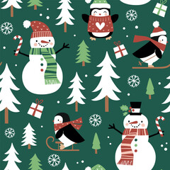 Seamless vector pattern with cute winter penguins, snowmen, snowflakes and pine trees. Hand drawn  Christmas wallpaper design. Perfect for textile, wallpaper or nursery print design.