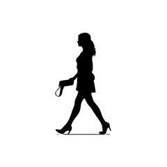 Fototapeta na wymiar Black silhouette of a woman with handbag in walking on white background.