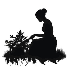 Black silhouette of a woman takes care of a plant on white background.