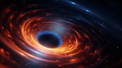 A black hole with a glowing constellation of various colors revolves around a black hole in the universe	