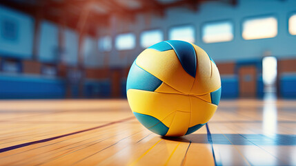 yellow and blue volleyball ball on the hardwood floor