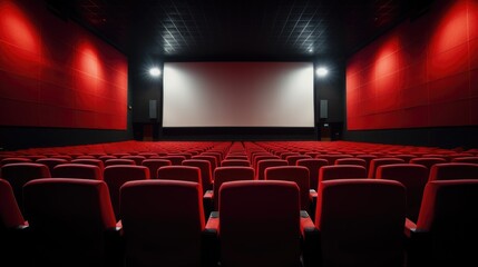 White cinema screen and rows of red theatre seats at a cinema hall