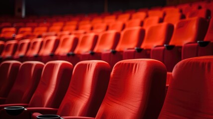Naklejka premium Close up of rows of red theatre seats at a cinema hall, perspective front view