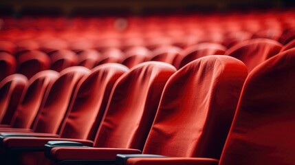 Close up of rows of red theatre seats at a cinema hall, perspective front view - obrazy, fototapety, plakaty