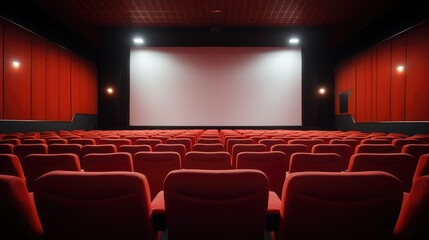 Fototapeta premium White cinema screen and rows of red theatre seats at a cinema hall