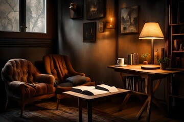 View of a cozy reader's corner with a table lamp spending warm light