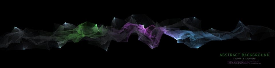 Abstract background chaotic graphs  from color polygonal surface on dark. Technology wireframe helix concept in virtual space. Big Data. Banner for business, science and technology data analytics.