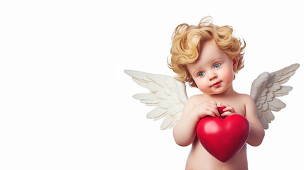Cute little blonde cupid holding a red heart on a white background